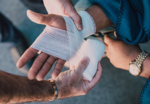 Hand injury getting bandaged