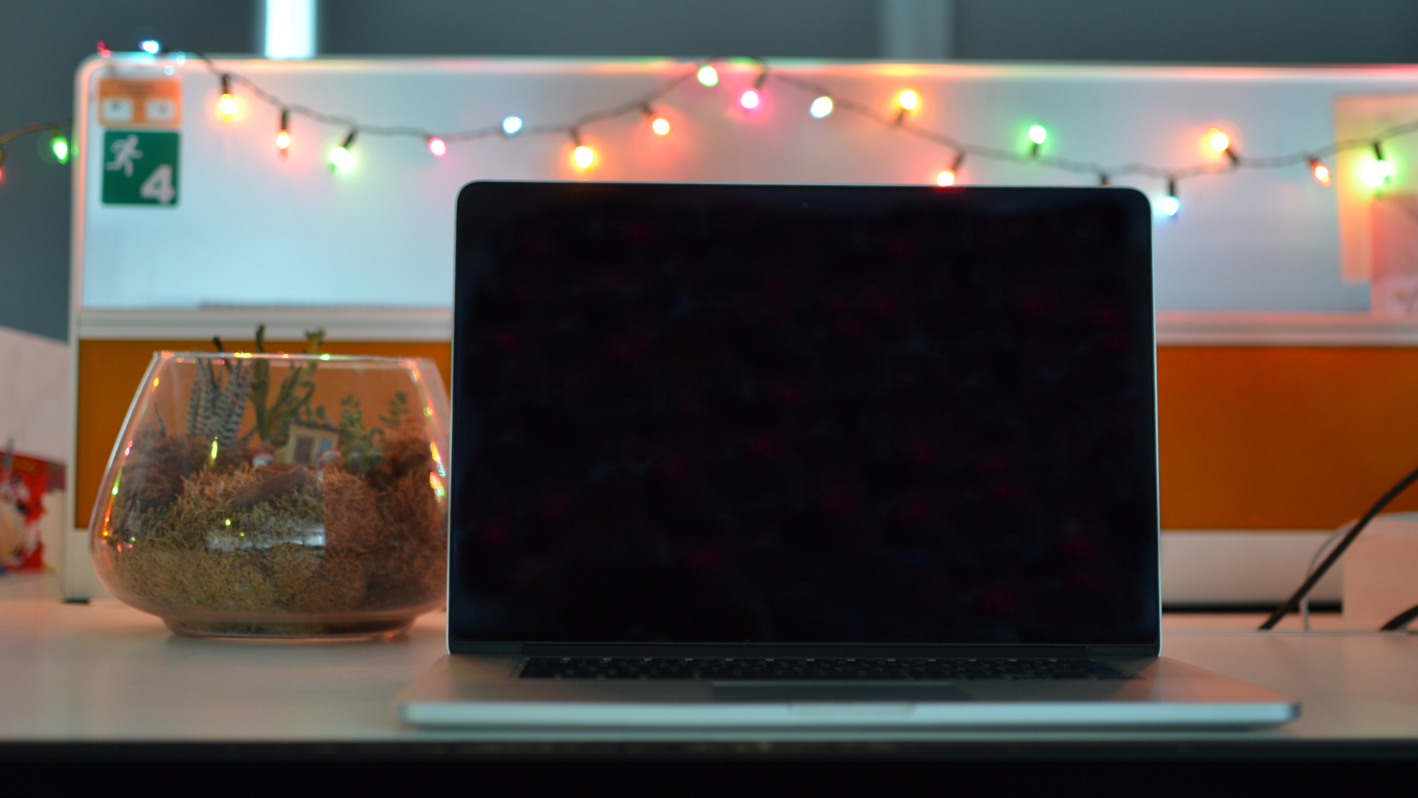 Health & Safety at Christmas! Laptop with fairy lights strung on a cubicle wall - can you decorate for the festive season?