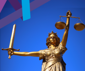 Blue background, in the centre is the gold coloured "Lady Justice" statue from the top of the Old Bailey Central Criminal Court in London. Lady Justice is blindfolded and holds a sword and scales. In the top left is the partial Armour Risk Consulting logo.