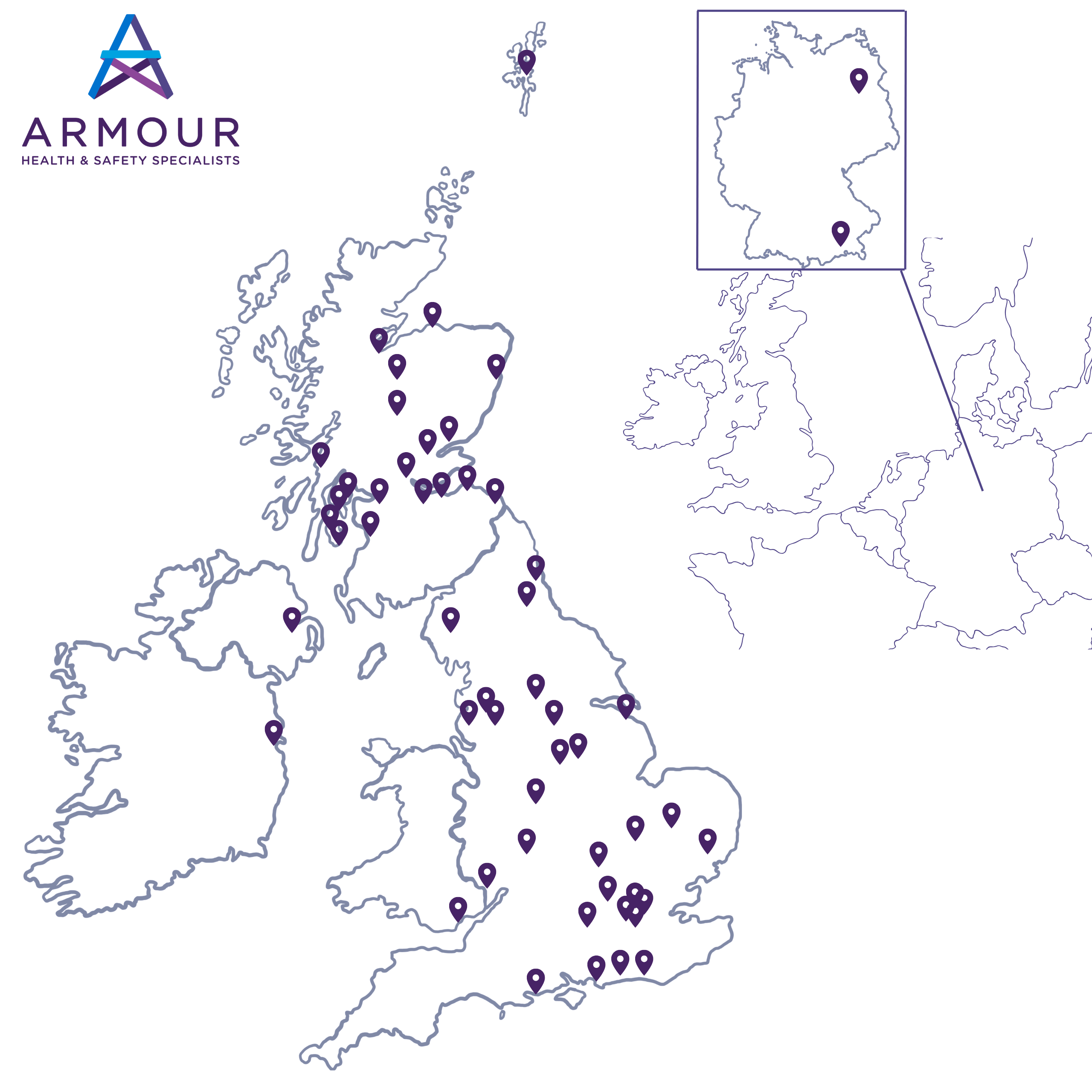 Armour Client Map Indicative map of Armour Risk Consulting Client locations. Map is primarily UK and NI, but also indicates two locations in Germany